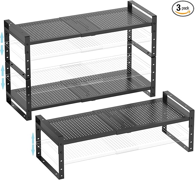 Expandable Shoe Rack Stackable Metal Pantry Storage Shelves Stand Adjustable Height Cabinet Shelf Organizer Racks Spice Shelving(3PACKS/BLACK,LARGE)