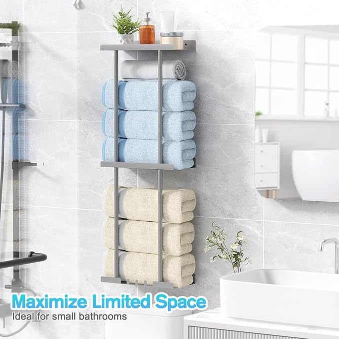 Liuoud Towel Rack for Bathroom, Wall Mounted Bath Towel Holder Storage Organizer for Rolled Towels, Vertical Towel Rack with Shelf Can Holds Up 6 Large Bath Towel (Grey, Larger Size)