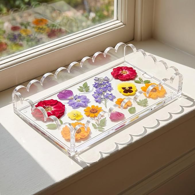 9"x6"x3" Scalloped Acrylic Tray with Magnetic Mat– Interchangeable Display for Photos, Art, Messages – Decorative Vanity Organizer, Serving Tray for Coffee Bar, Kitchen & Elegant Gift