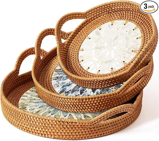 3 Handwoven Round Rattan Trays with Natural Shell Inlay, Boho Decorative Wicker Serving Trays with Handles for Home Decor, Coffee Table, ottoman, Tea, patio & Party