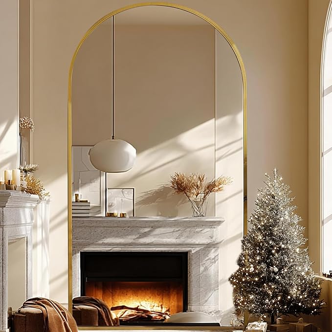 Beauty4U 79" x 39" Arched Full Length Mirror with Stand, Large Floor Mirror Full Body Tempered Glass, Gold Metal Frame Standing, Leaning or Wall Mounted Mirror for Bedroom, Living Room, Dressing Room