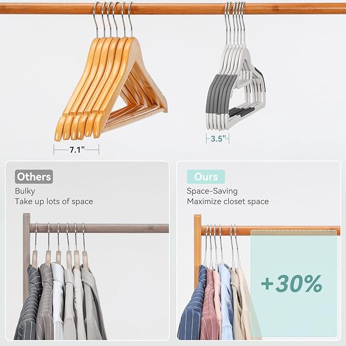NCXTKJ 50 Pack Non-Slip Plastic Hangers with Tie Rack, Slim Space-Saving Clothes Hangers – Heavy Duty Plastic Hangers for Suit, Shirts, Pants, Dorms & Home Organization, White and Dark Gray