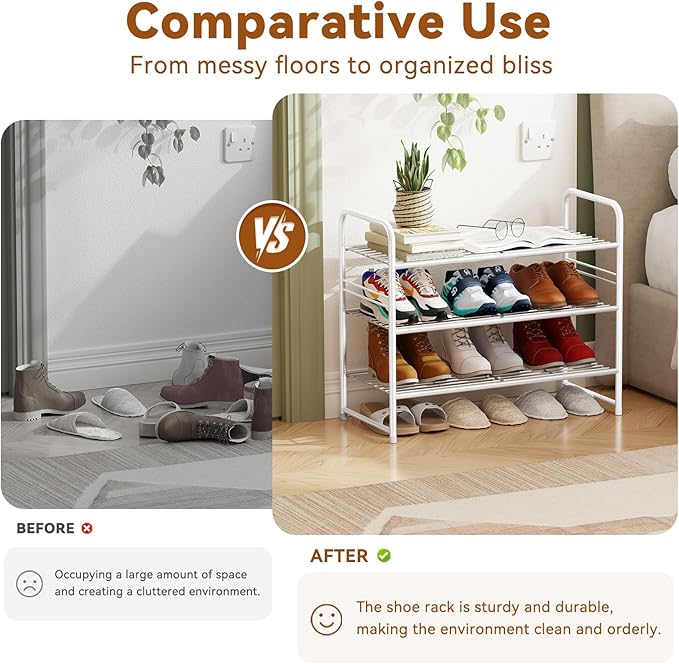 Simple Shoe Rack, 3 Tier Heavy Duty Metal Shoe Shelf 27 Inch Wide, White
