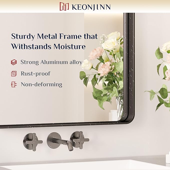 Keonjinn Black Bathroom Mirror for Over Sink, 42 x 20 Inch Rounded Rectangle Bathroom Vanity Mirror, Matte Black Sandblasted Finish, HD Tempered Glass, Wall Mirrors with Seamless Aluminum Alloy Frame