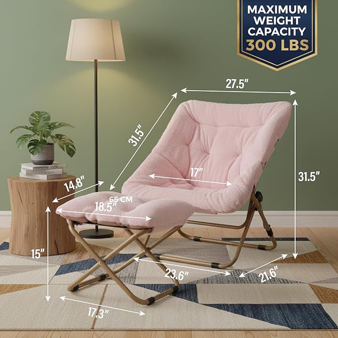 Tiita Folded Chair with Straight Ottoman, Soft Faux Fur Oversized Folding Accent Chair,Lazy Chair, Metal Frame Moon Chair for Bedroom, Living Room, Dorm Rooms, Garden and Courtyard, Pink