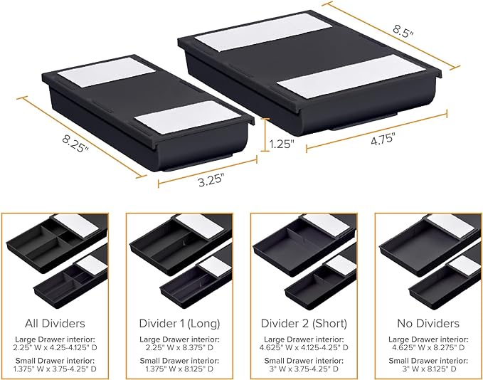 Bostitch Konnect Under Desk Drawer,Self-Adhesive Slide Out Storage Organizer with 4 Customizable Dividers,2 Count (Pack of 6)