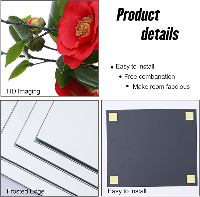 JEOYOO HD Glass Full Length Wall Mirror Tiles, 12'' x 12'' x 4PCS, Frameless Full Body Mirror Tiles for Bedroom, Full Length Mirror Wall Mounted for Home Gym, Gift Ideas
