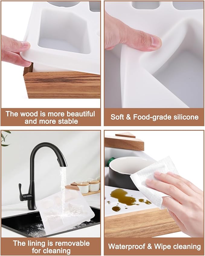 Couch Cup Holder Tray, Silicone Acacia Wooden Couch Caddy with Cup Holder for Snacks, Drinks, Remotes, Waterproof Cup Holder for Couch, Organizer, Couch Drink Holder, Pillow