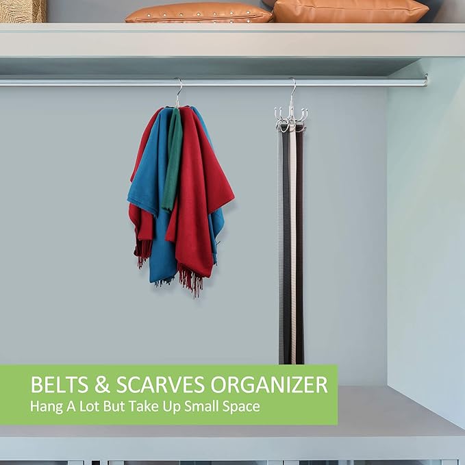 Belt Hanger, Rotatable Belt Organizer Rack for Closet Sturdy Max 24 Belts Storage with 8 Hooks, Hanging Space Saving Closet Organizers for Belts Holder, Silver