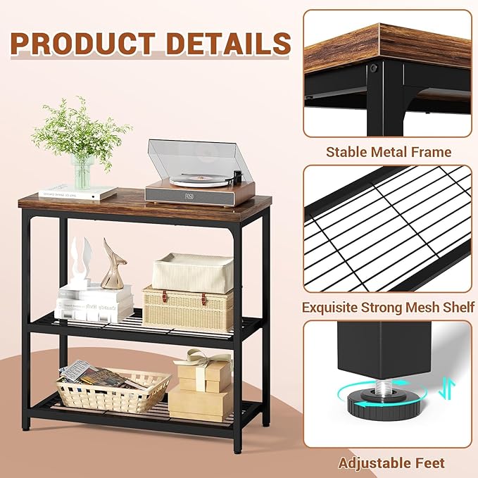 Besiost 32" Small Console Table with Storage, 3-Tier Industrial Narrow Entryway Table with Mesh Shelves, Sofa Table Behind Couch for Hallway Foyer Living Room, Sturdy Metal Frame, Rustic Brown