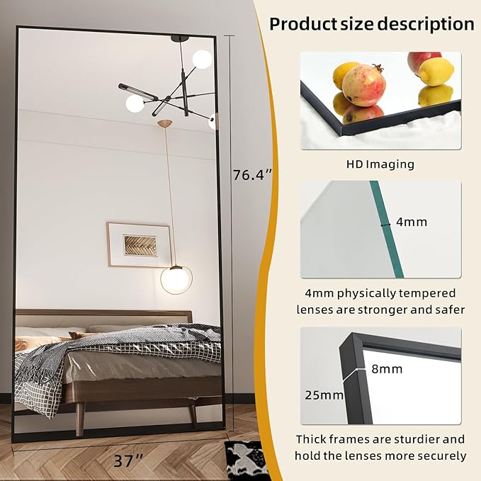 Beauty4U 76" x 37" Full Length Mirror with Stand, Black Floor & Wall Mounted Mirror, Large HD Tempered Glass Full Body Mirror for Bedroom, Dressing Room, Living Room, Entryway