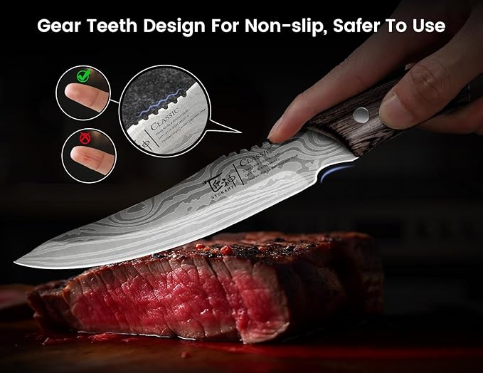 SYOKAMI Steak Knives Set of 6 with Drawer Organizer, 4.8 Inch High Carbon Japanese Style Non Serrated Meat Knife with Wood Handle, Damascus Pattern Full Tang Design, Razor-Sharp Dinner Knives