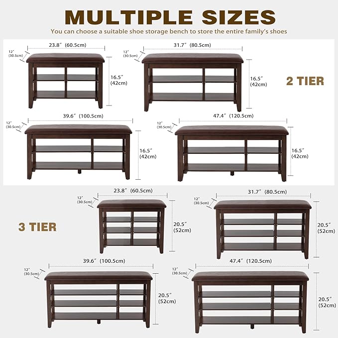 PY HOME & SPORTS Shoe Rack for Entryway 39.4": 2-Tier Shoe Storage Bench, Adjustable/Removable Shelves, Rubberwood Shoe Benches for Hallway, Porch, Bathroom, Brown