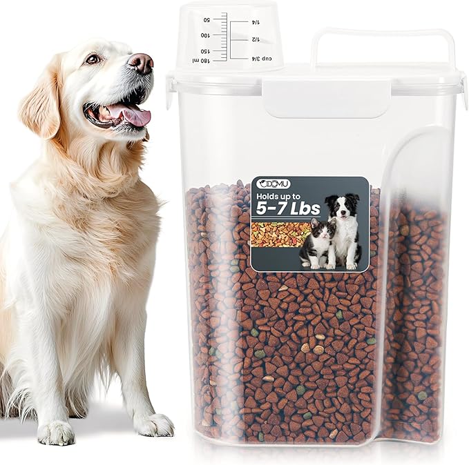 Dog Cat Food Storage Container, Pet Food Container Airtight with Large Spout & Cup, BPA-Free Plastic Food Dispenser for Pet Food, Bird Seed, Rice, Flour - White 5-7 Lbs (1 pack)
