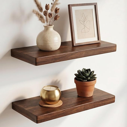 18 Inch Floating Shelves, Solid Wood Wall Shelves, 8 Inch Deep Floating Shelf – for Bathroom, Bedroom, Living Room, Kitchen, Home Decor & Storage, Heavy-Duty Wooden Shelf Wall-Mounted, Set of 2