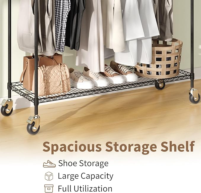 Heavy Duty Rolling Garment Rack, 3 Tier Adjustable Wire Shelving Clothing Racks with Adjustable Shelves and Double Rods for Hanging Clothes, Black Metal Freestanding Closet Organizer