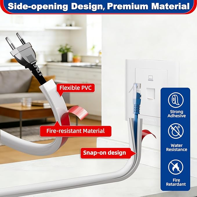 39" Side Buckle Cable Hider for 1 Cords,Extension Cord Covers for Wires On Wall,Adhesive Cord Hider for Wall Mount Tv,Wire Channel for Cable Concealer,Cable Raceway Home & Office,White