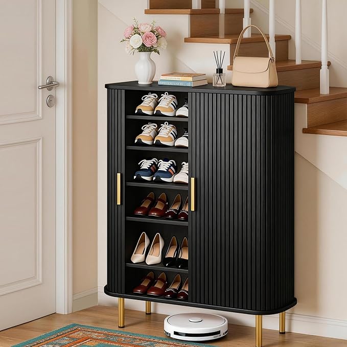 DHH Shoe Storage Cabinet with Sliding Door, 6-Tier Shoe Cabinet with Adjustable Shelves, Mid-Century Modern Freestanding Shoe Storage Organizer for Entryway, Hallway, Living Room (Black, 31.5 ")