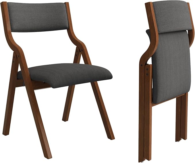 Ball & Cast Upholstered Folding Chairs Set of 2,with Ergonomically Designed Back and Solid Wood Frame,Portable Activity Meeting Chair, for Dining Room,Outdoor Events,No Assembly Required,Grey+Walnut