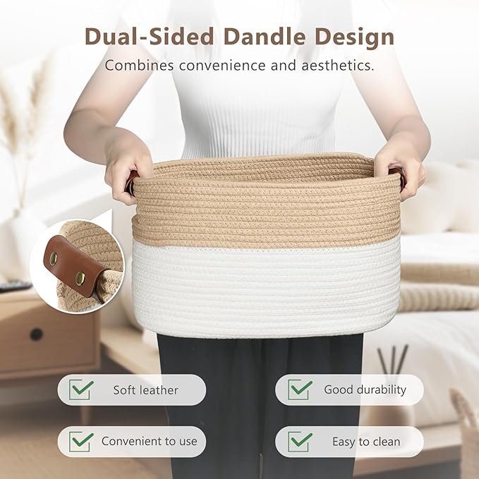 ECDYQXVU Cotton Rope Basket, Storage Baskets with Handle, 15x10x9 Inch Woven Basket for Shelves, Laundry, Towels, Clothes, Books (White/Beige 1Pack)
