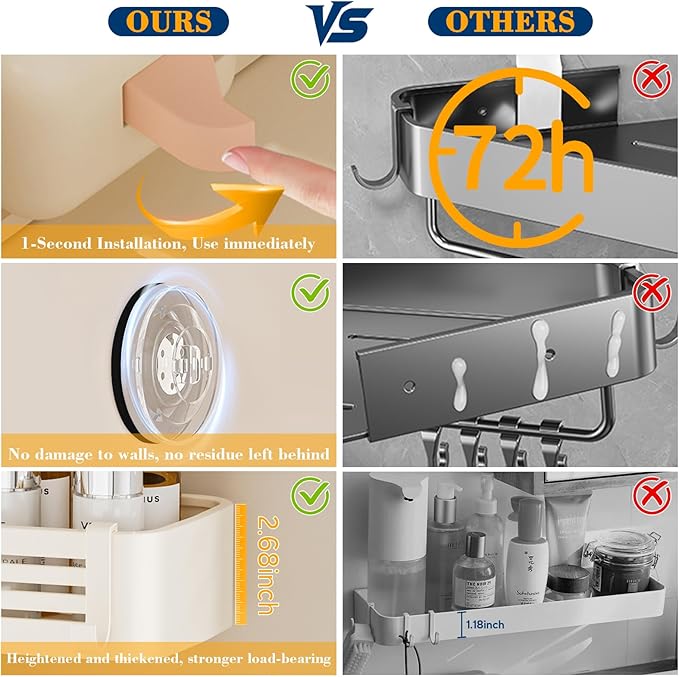 Shower Caddy Suction Cup, No-Drilling Hanging Shower Shelves with Hooks, Waterproof & Rustproof Removable Shower Organizer for Bathroom Storage