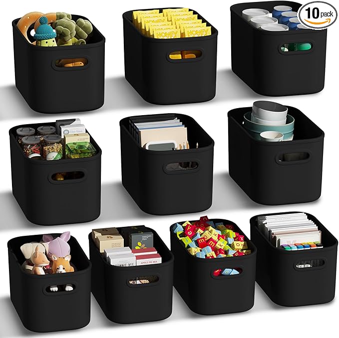 ORGIDOL 10 Pack Black Plastic Storage Bins, Storage Container for Organizing, Storage Boxes with Handle for Shelves, Cute Organizer Bins for Craft, Snacks, Pantry, Cabinet, 9.69x6.7x5.7 inch