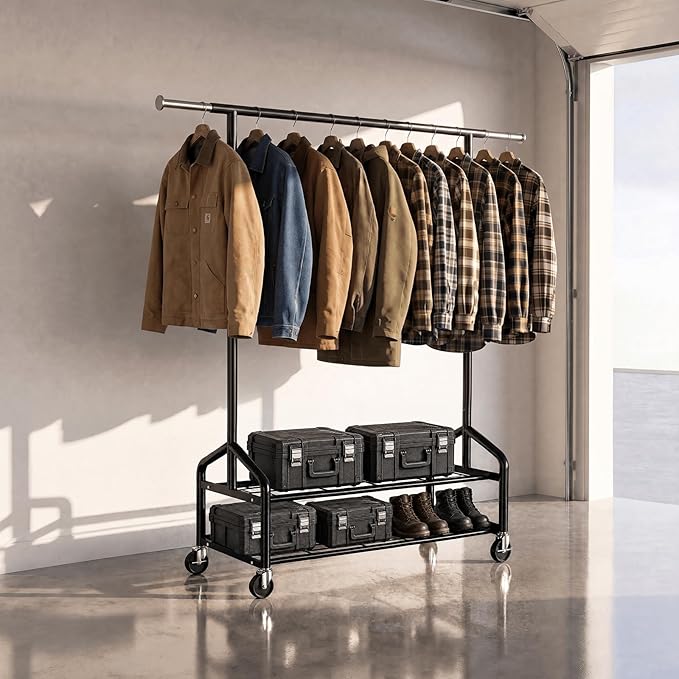 Heavy Duty Clothes Rack, Rolling Clothing Rack Load 650 LBS for Hanging Clothes with 2 Sturdy Shelves, Metal Garment Rack with Wheels for Bedroom, Laundry Room, Retail Store, Black, Large