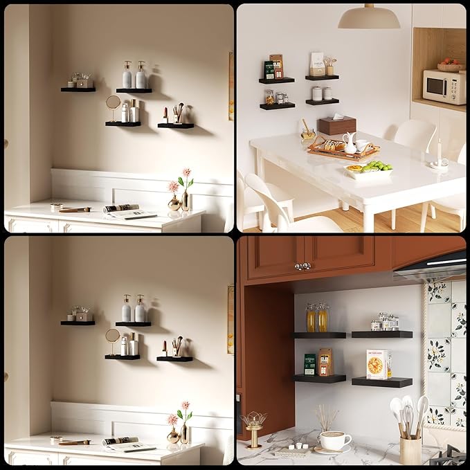Black Floating Shelves for Wall, Set of 4 Wooden Wall Mounted Shelves for Bathroom Over Toilet, Bedroom, Kitchen, Living Room & Office, Hanging Storage and Wall Decor, 12"x7"x1.5"