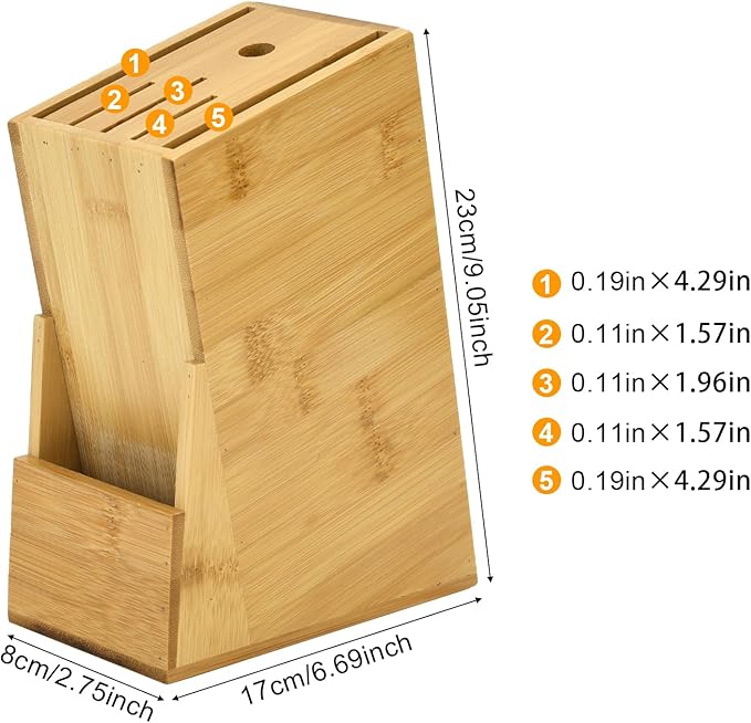 Wood Knife Block, Kitchen Knife Holder Countertop 6 Slots Knife Block with Scissors Slot Kitchen Knife Set for Knife, Scissor, Sharpenner Knife Organizer