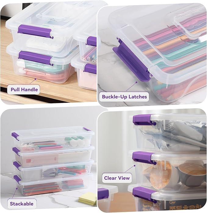 novelinks Clear Plastic Storage Bins with lids, Stackable Storage Containers, Durable Craft Storage Boxes, Organization Containers for Home Office (4 Quart 8 Pack Purple)