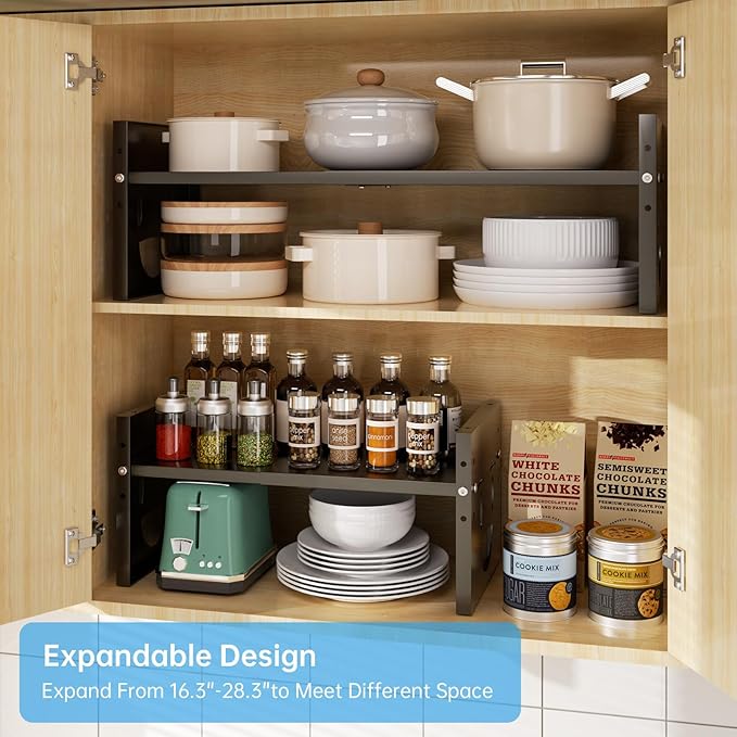 Fun-Face Expandable Cabinet Shelf Organizer,Adjustable Height & Width, Stackable Metal Storage Rack,Kitchen Spice Rack, Pantry Shelf, Countertops (1, Black)