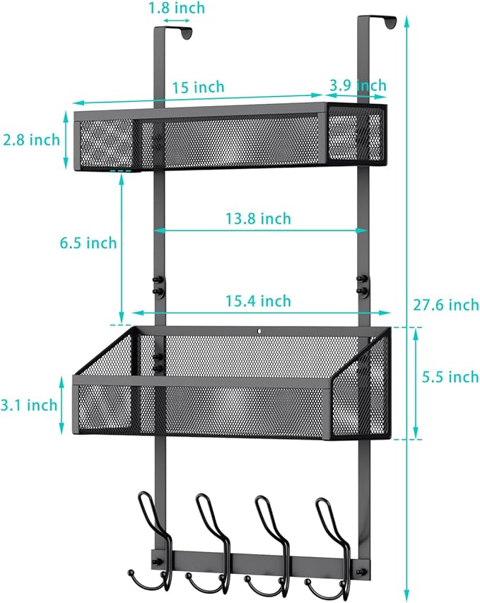 2-Tier Over Door Hook & Basket Organizer 12 Hooks + 2 Mesh Baskets for Bathroom Towels, Kitchen Pantry & Bedroom Storage, No-Drill Hanging Rack, Black