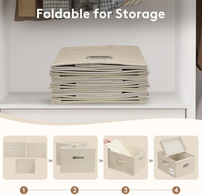 Lifewit Clothes Storage Bins with Lids, Fabric Foldable Storage Boxes with Handles, Decorative Closet Organizer, Stackable Cube Baskets Container for Bedroom, Office, 21L Medium Beige, 5 Packs