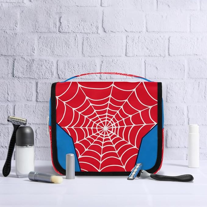 AUUXVA Kids Hanging Toiletry Bag for Boys - Waterproof Travel Cosmetic Organizer Makeup Pouch for Girls Shower Wash Bags with Hanging Hook Toiletries Storage Bag(Red Spider Web)