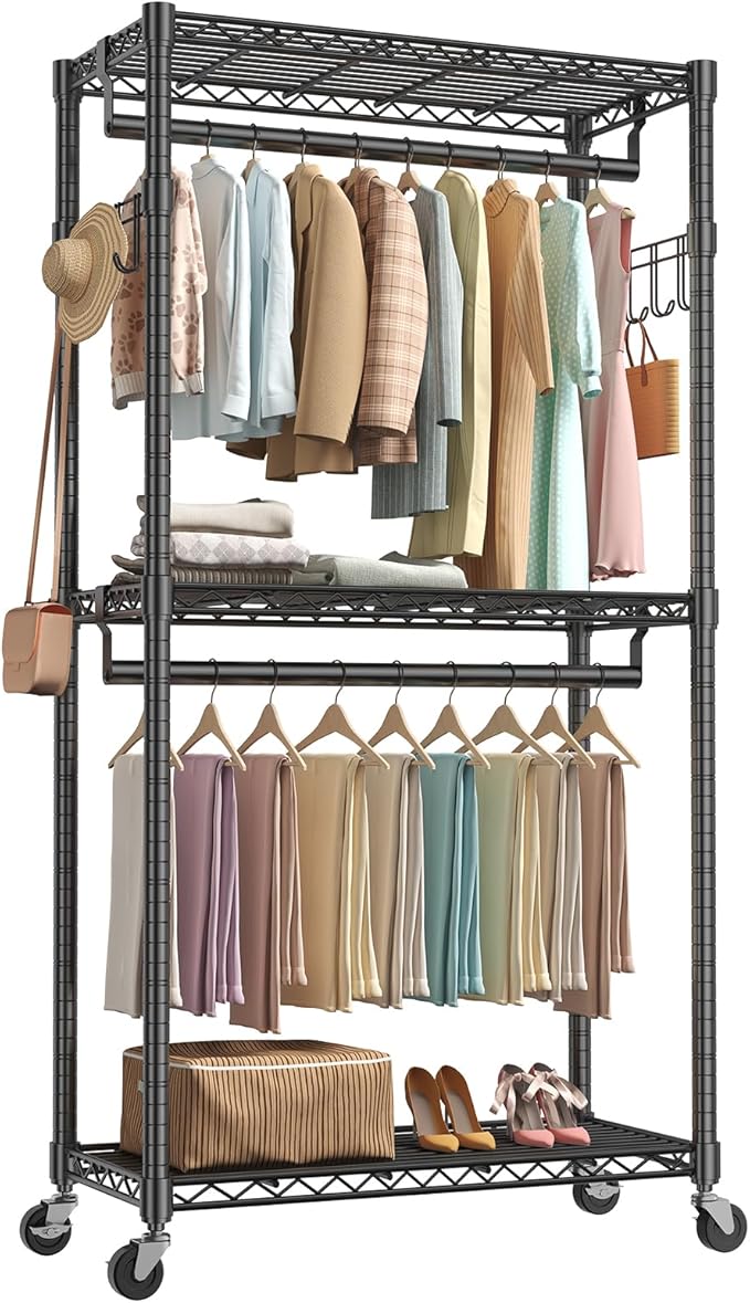 NEWBULIG Heavy Duty Adjustable Clothes Rack with Wheels, Adjustable Rolling Metal Freestanding Garment Closet Organizer with Double Rods & 2 Side Hooks for Hanging Clothes, 35" x 15" x 75", Black