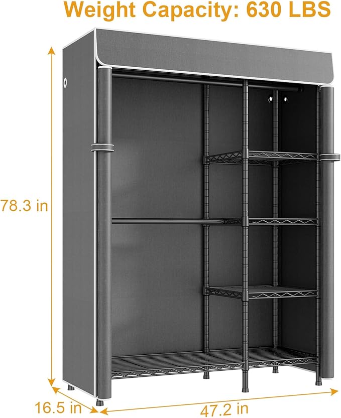 ULIFHOME F2C Clothes Rack with Cover, Clothing Racks for Hanging Clothes, Heavy Duty Garment Rack with Shelves and Hanger Rods, Black Closet with Dark Gray Cover, 47.2"W x 16.5"D x 78.3"H, Load 630lbs