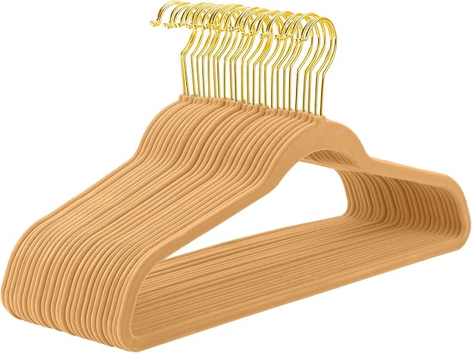 MIZGI Camel Velvet Hangers, 60 Pack - Premium Gold, Non-Slip Coat & Suit Hangers, Space Saving