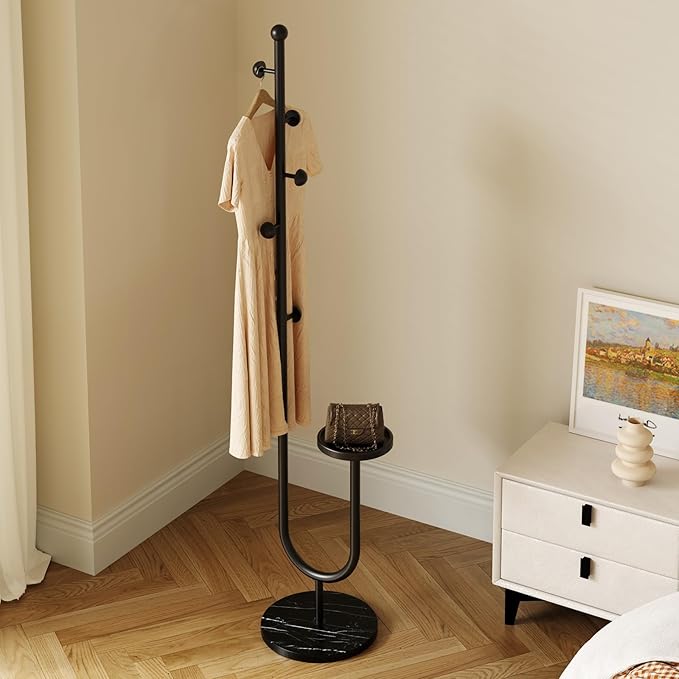 Coat Rack,Metal Free Standing Coat Stand with marble base, Hall Coat Tree with 6 Hooks and Storage Tray,68.9 Inch Tall, for Coats, Hats, Bags, for Entryway, Hallway, Bedroom