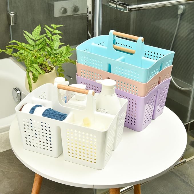 Portable Shower Caddy Basket with Wood Handle, 3-Compartment Bathroom Organizer Tote with Drain Holes, Plastic Shower Basket for Dorm, Toiletries, Cleaning Supplies, White