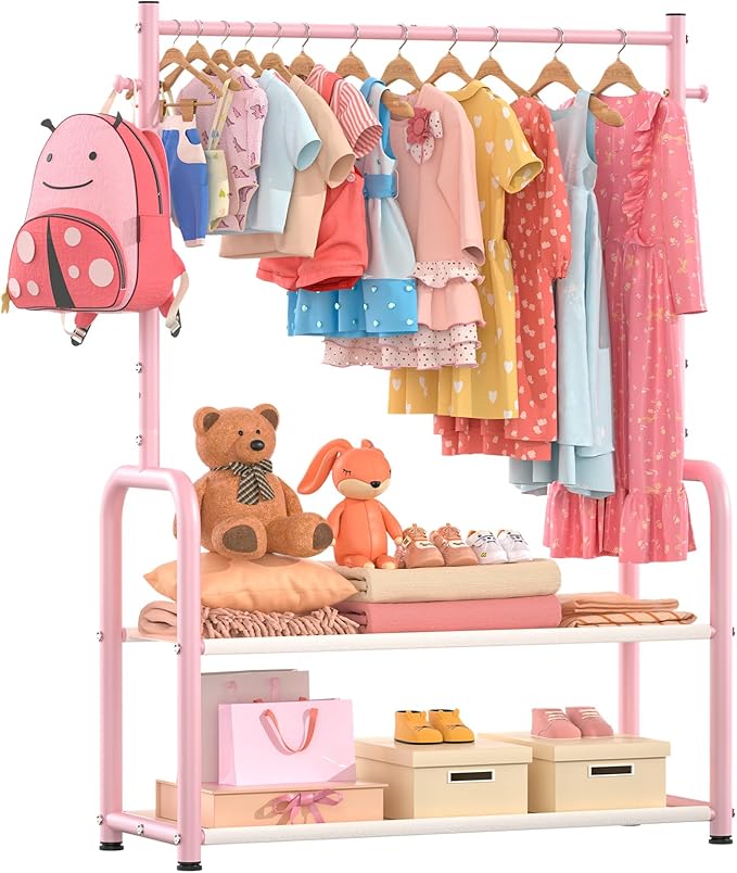 Kids Clothing Rack with 2-Layer Storage Shelf and 2 Adjustable Hanging Rods, Dress Up Rack for Hanging Clothes,Dress up Storage for Baby Toddle Kids(Classic, Pink)