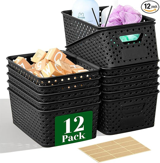 12 Pack Plastic Storage Baskets for Organizing, Storage Baskets for Shelves with Handles, Small Storage Bins with Labels, Organizer Baskets for Cabinet,Closet, Office,Black