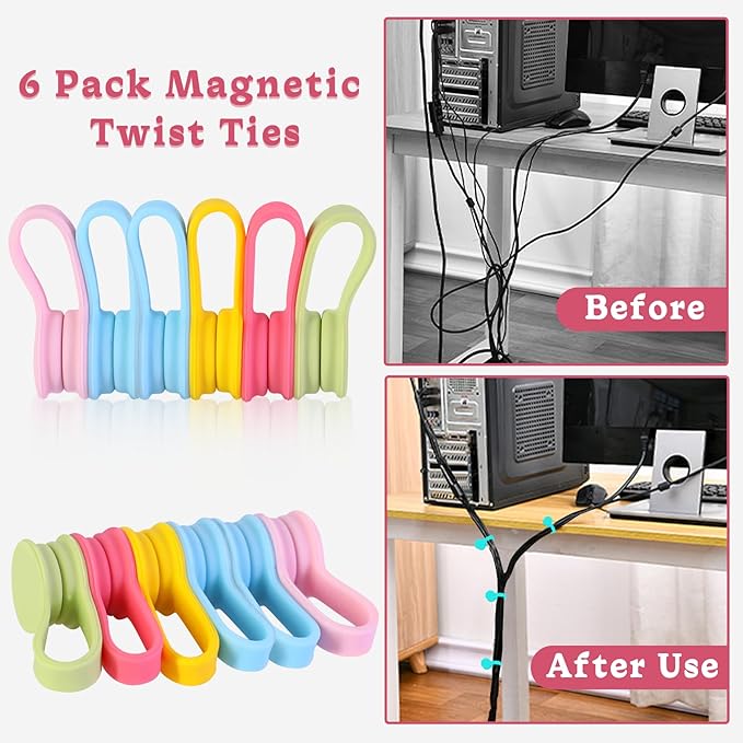 Viaky Magnetic Cable Ties [6-Pack], Reusable Silicone Cord Organizers & Cable Management, Heavy Duty Magnet Twist Wrap Straps for USB, Earphones, Appliance Cords - Macaron Multicolor