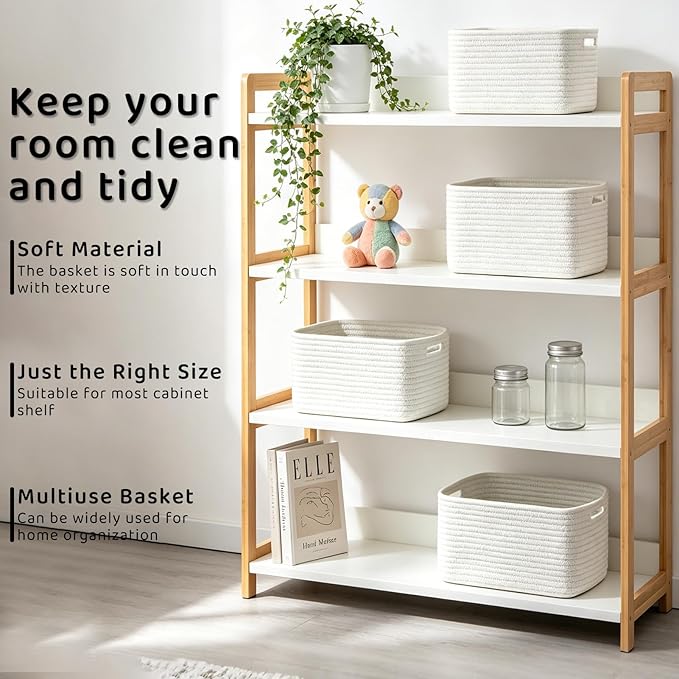 4 Pack Storage Baskets for Organizing, 12''Lx9''Wx8''H Woven Baskets for Storage Toys, Towels, Books, and Clothes, Cotton Rope Basket for Shelves with Handle White & Brown