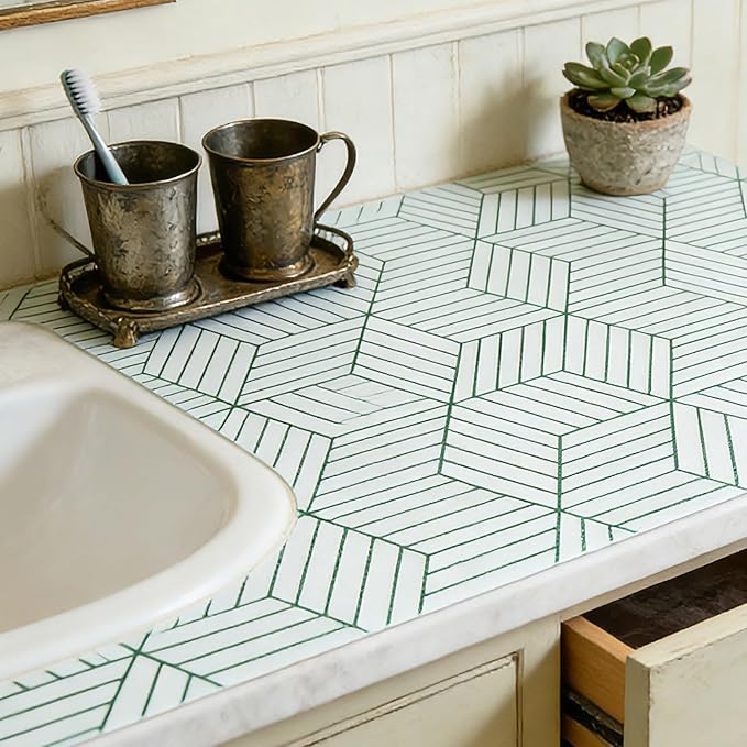 Green Geometric line Pattern Shelf Liners, Non-Adhesive and Anti-Slip Thickened Drawer Liners, Easy to Clean, Kitchen cabinets, toolboxes, refrigerators, Including Tools. 17×236.22 inches.