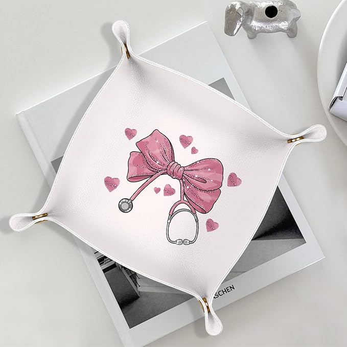 Nurse Gifts for Women,Nurse Graduation Gifts,Pink Bow Nursing Gift for Student or Practitioner PU Leather Catchall Tray,Jewelry, Keys, Watch, and Accessories Organizer 7.87x7.87in