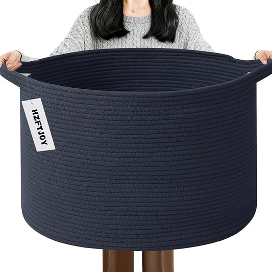 115L Extra Large Navy Blue Woven Cotton Rope Basket with Handles, Kids Nursery Laundry Hamper for Toys, Blankets, Pillows & Comforters, Storage Bin for Bedroom & Playroom