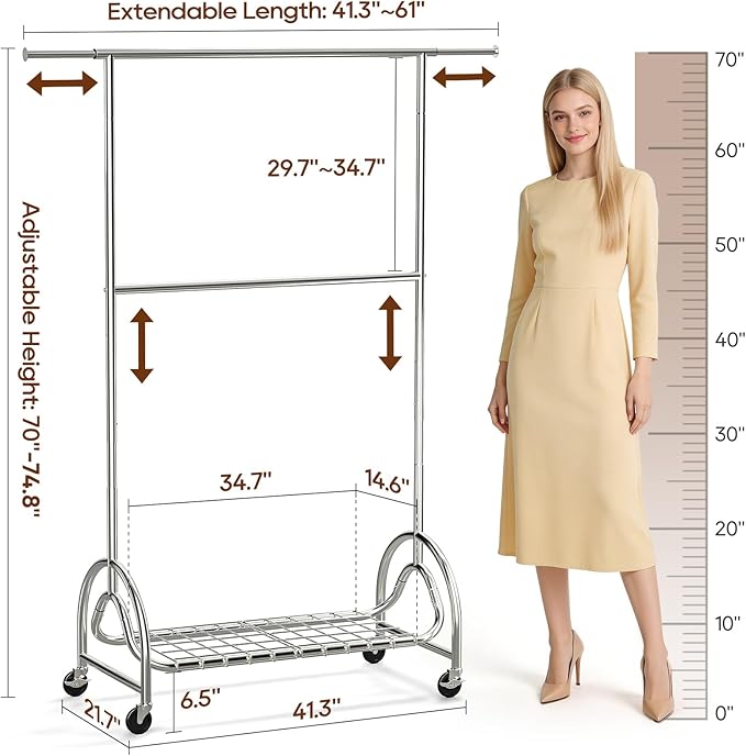 TigerParty Heavy Duty Clothes Rack for Hanging Clothes, Adjustable 2-Tier Rods Garment Rack with 750LBS Load Capacity, Freestanding Clothing Rack with Wheels & Bottom Storage Shelf