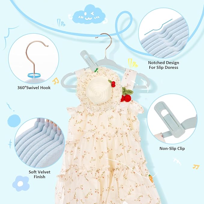 Tonswachic Baby Hangers 50 Pack - 11 Inch Premium Velvet Non Slip Kids Hanger for Infant & Toddler Clothes - 0.2" Ultra Thin Baby Closet Hangers with 10 Hanger Clips - Blue