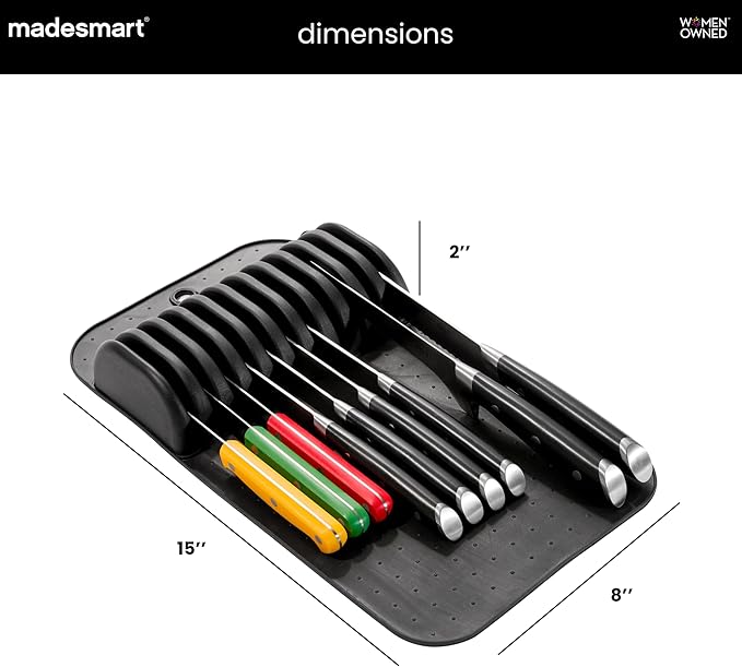 madesmart Large 11-Slot Knife Mat, Soft-Grip Non-Slip Kitchen Drawer Knife Organizer Insert for Medium & Large Knives, Black, 15” x 8”