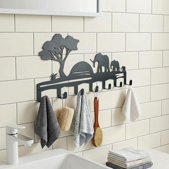 Metal Key Holder Wall Mount, African Safari Key Rack Hooks, Elephant Family Sunset Wall Art Organizer for Entryway, Kitchen, Hallway, Garage, Farmhouse Home Decor & Housewarming Gift (Elephant)